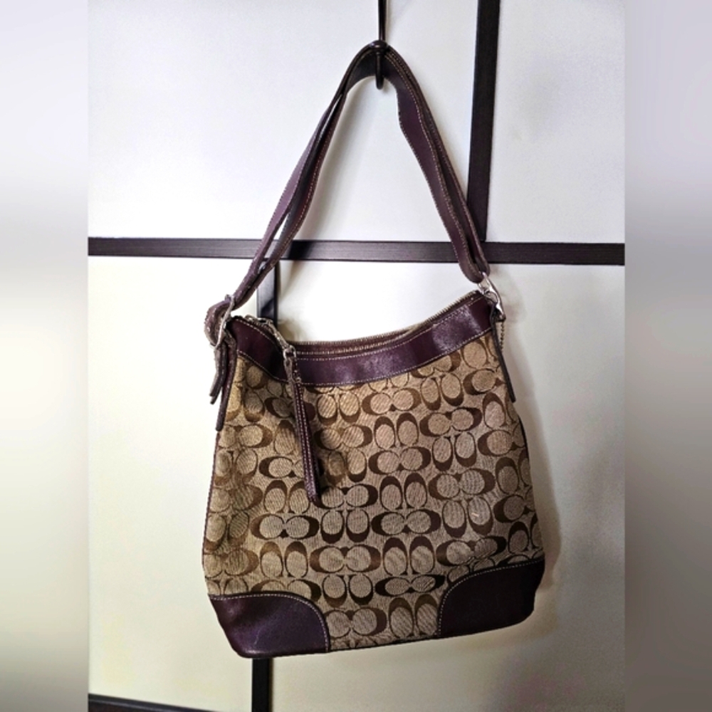 Authentic VINTAGE COACH SIG C JACQUARD & LEATHER HANDBAG TOTE BAG